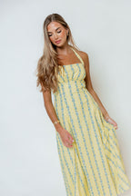 Dahlia Floral Striped Midi Dress in Yellow/Light Blue
