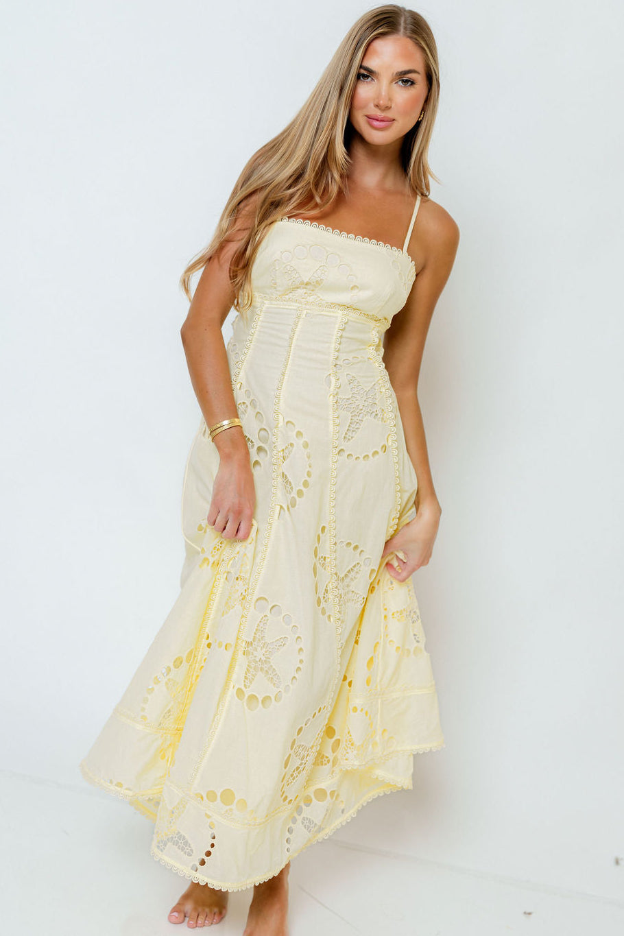 Janelle Nautical Eyelet Open Back Midi Dress in Yellow