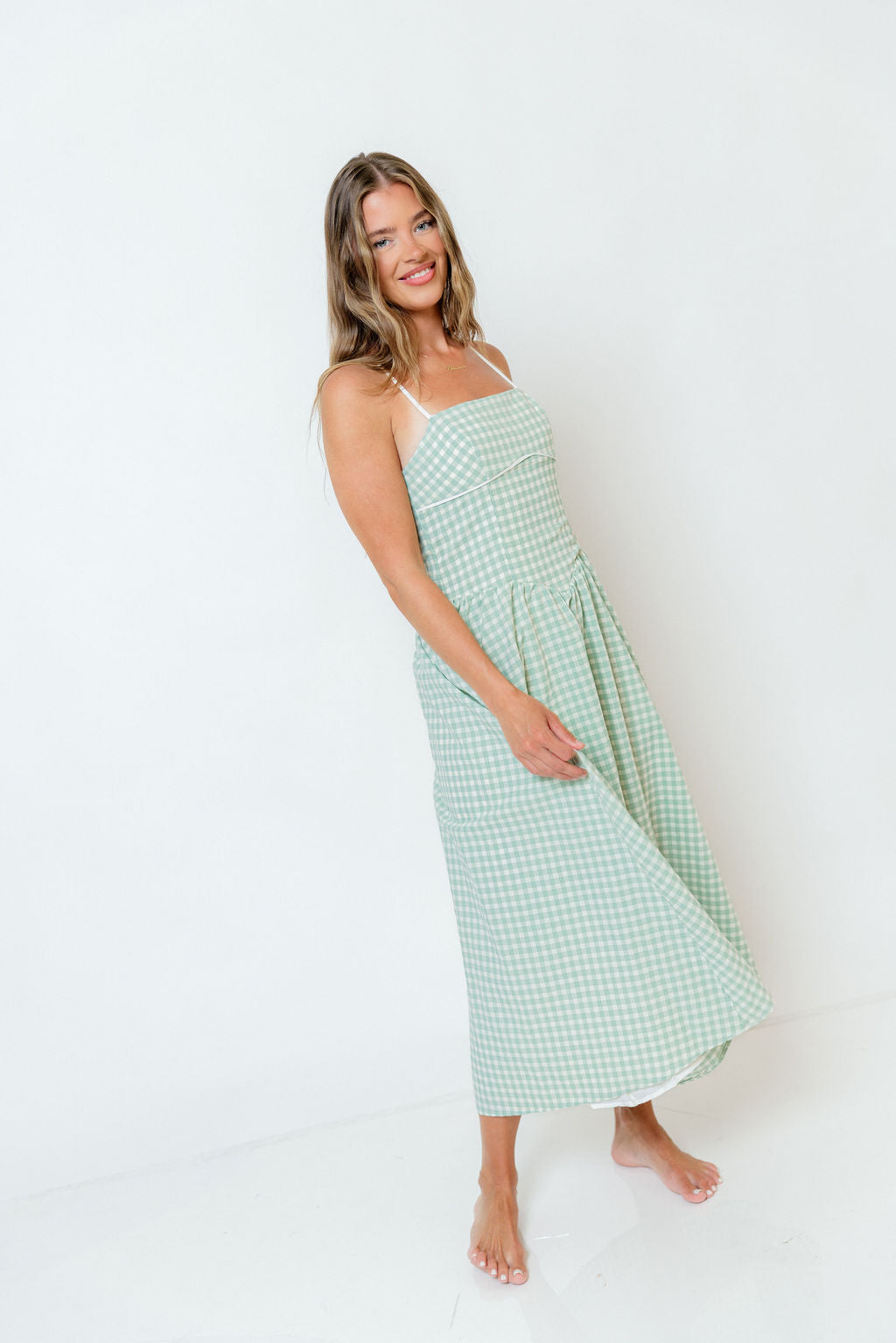 Gretchen Gingham Midi Dress in Sage