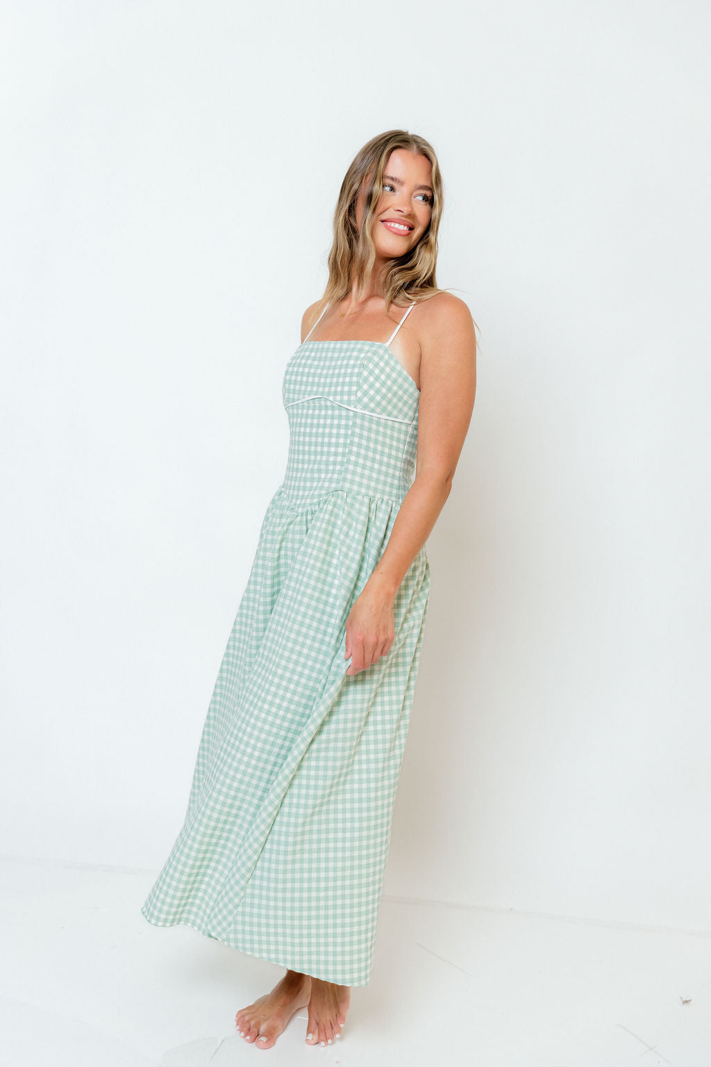 Gretchen Gingham Midi Dress in Sage
