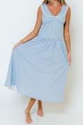 Reagyn Drop Waist Lace Trim Gingham Midi Dress in Blue