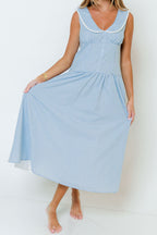 Reagyn Drop Waist Lace Trim Gingham Midi Dress in Blue