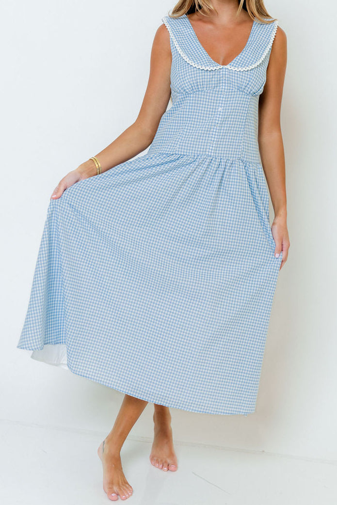 Reagyn Drop Waist Lace Trim Gingham Midi Dress in Blue