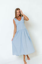 Reagyn Drop Waist Lace Trim Gingham Midi Dress in Blue