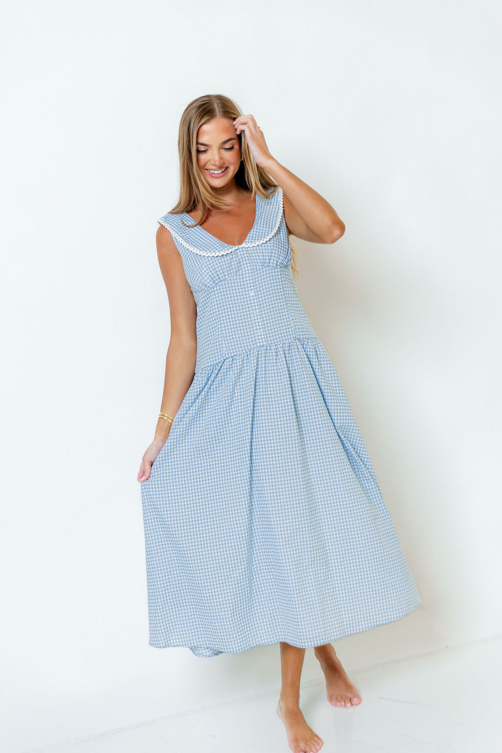 Reagyn Drop Waist Lace Trim Gingham Midi Dress in Blue