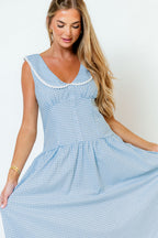 Reagyn Drop Waist Lace Trim Gingham Midi Dress in Blue