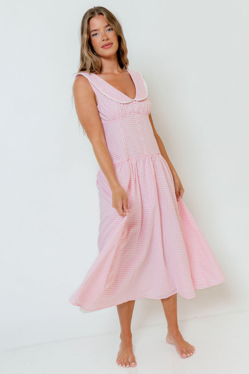 Reagyn Drop Waist Lace Trim Gingham Midi Dress in Pink