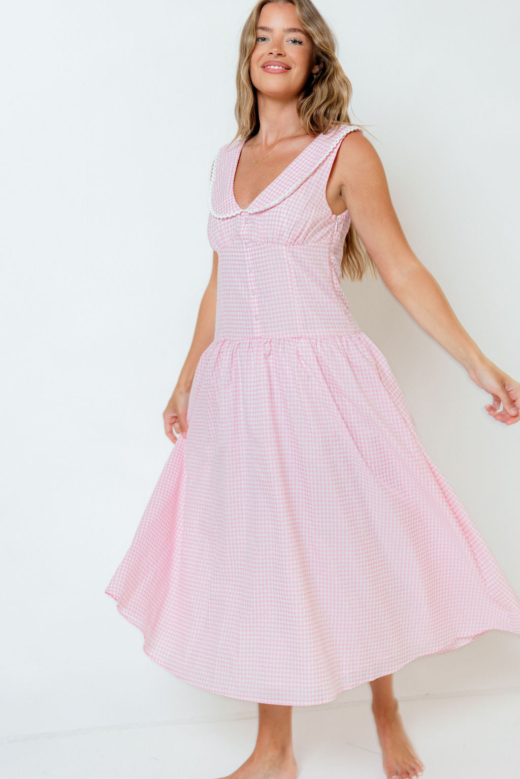 Reagyn Drop Waist Lace Trim Gingham Midi Dress in Pink