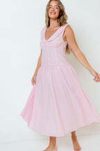 Reagyn Drop Waist Lace Trim Gingham Midi Dress in Pink