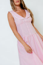 Reagyn Drop Waist Lace Trim Gingham Midi Dress in Pink