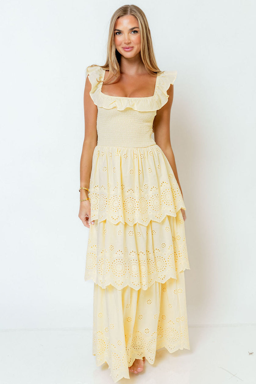Ashlynn Ruffled Smocked Eyelet Tiered Maxi Dress in Yellow