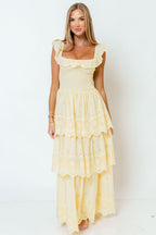 Ashlynn Ruffled Smocked Eyelet Tiered Maxi Dress in Yellow