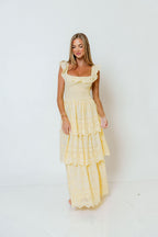Ashlynn Ruffled Smocked Eyelet Tiered Maxi Dress in Yellow