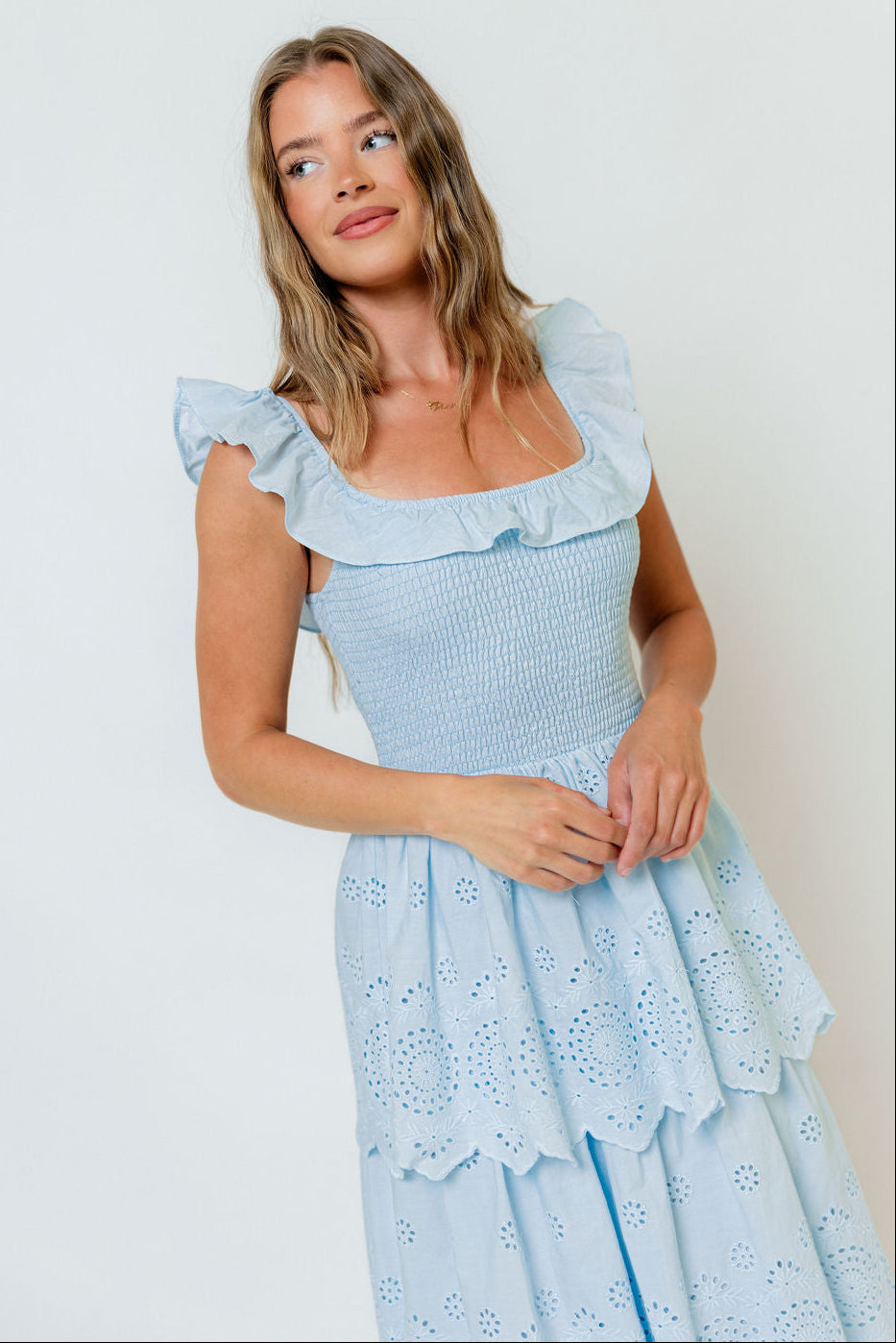 Ashlynn Ruffled Smocked Eyelet Tiered Maxi Dress in Light Blue
