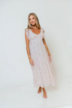 Rosie Flutter Sleeve Floral Maxi Dress in Off-White/Pink