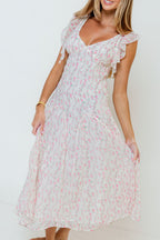 Rosie Flutter Sleeve Floral Maxi Dress in Off-White/Pink