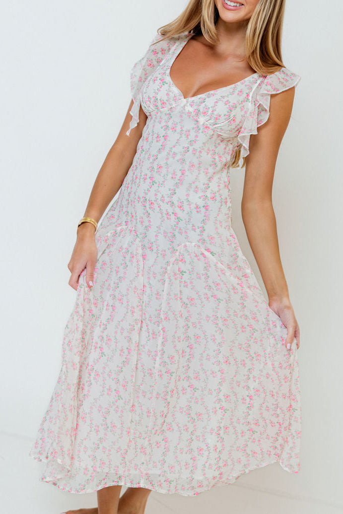 Rosie Flutter Sleeve Floral Maxi Dress in Off-White/Pink