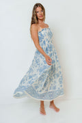 Solena Floral Smocked Midi Dress in Ivory/Blue