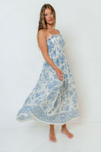 Solena Floral Smocked Midi Dress in Ivory/Blue
