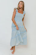 Levi Ditsy Floral Smocked Ruffle Maxi Dress in Light Blue