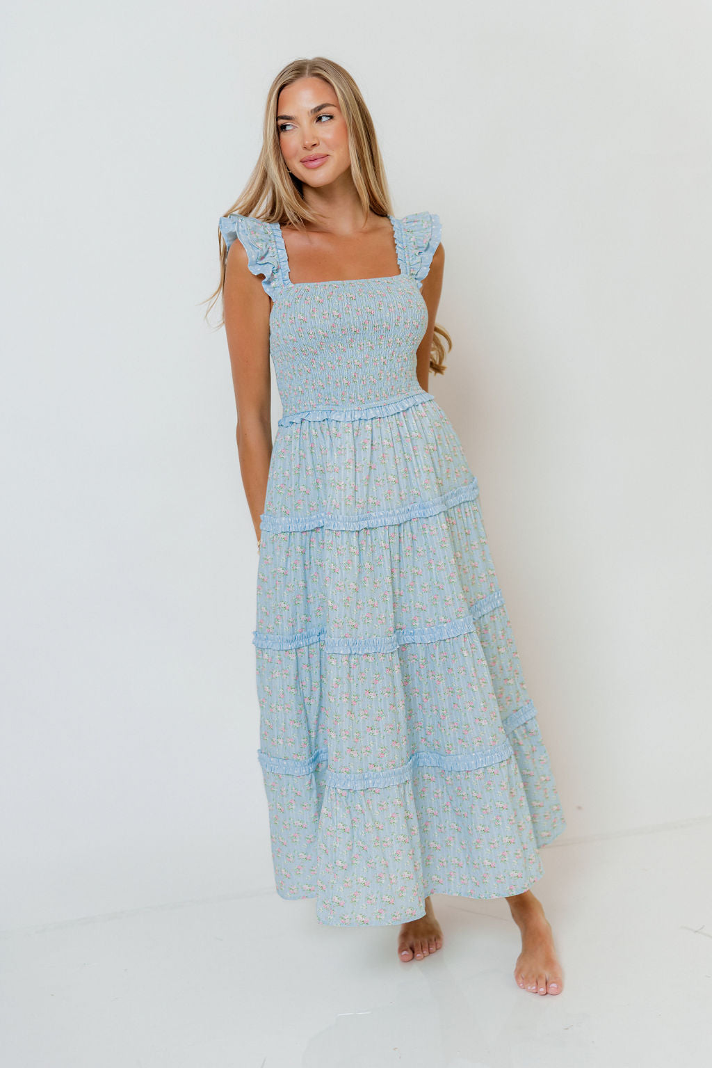 Levi Ditsy Floral Smocked Ruffle Maxi Dress in Light Blue