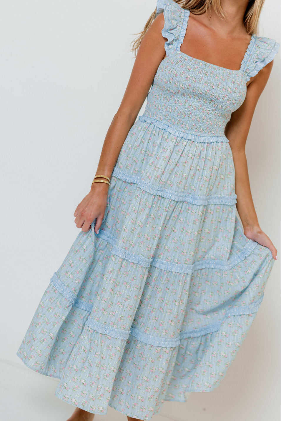 Levi Ditsy Floral Smocked Ruffle Maxi Dress in Light Blue