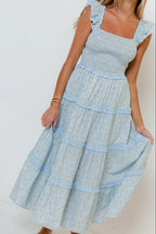 Levi Ditsy Floral Smocked Ruffle Maxi Dress in Light Blue
