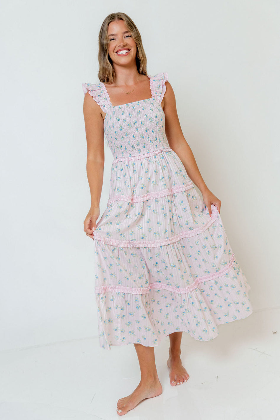 Levi Ditsy Floral Smocked Ruffle Maxi Dress in Pink/Blue