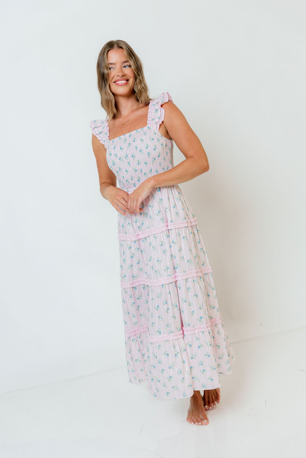 Levi Ditsy Floral Smocked Ruffle Maxi Dress in Pink/Blue