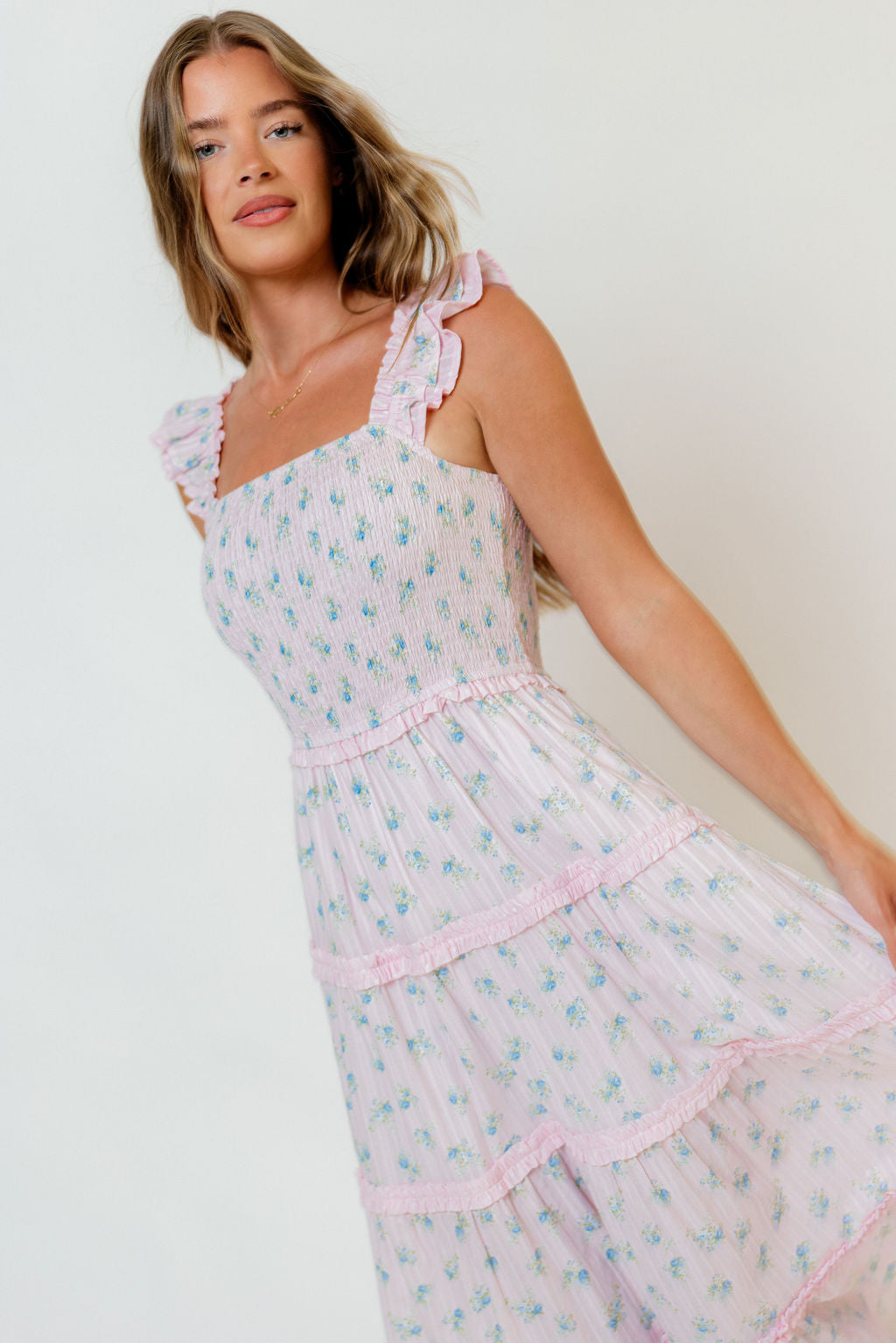Levi Ditsy Floral Smocked Ruffle Maxi Dress in Pink/Blue