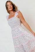 Levi Ditsy Floral Smocked Ruffle Maxi Dress in Pink/Blue
