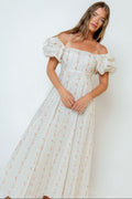 Tate 100% Cotton Floral Print Puff Sleeve Maxi Dress in Off-White
