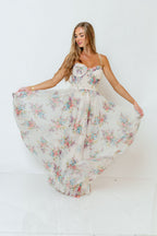 Melissa Pleated Floral Tulle Maxi Dress in Ivory Multi