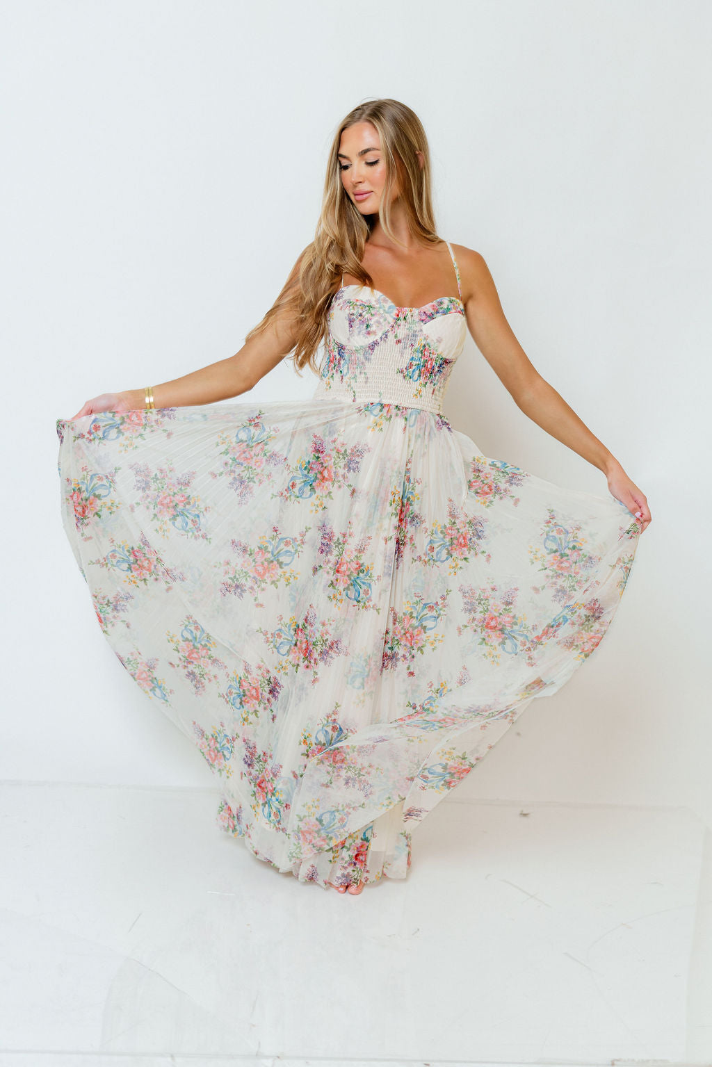 Melissa Pleated Floral Tulle Maxi Dress in Ivory Multi