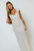 Shay Embroidered Lace Cap Sleeve Maxi Dress in Taupe/Ivory