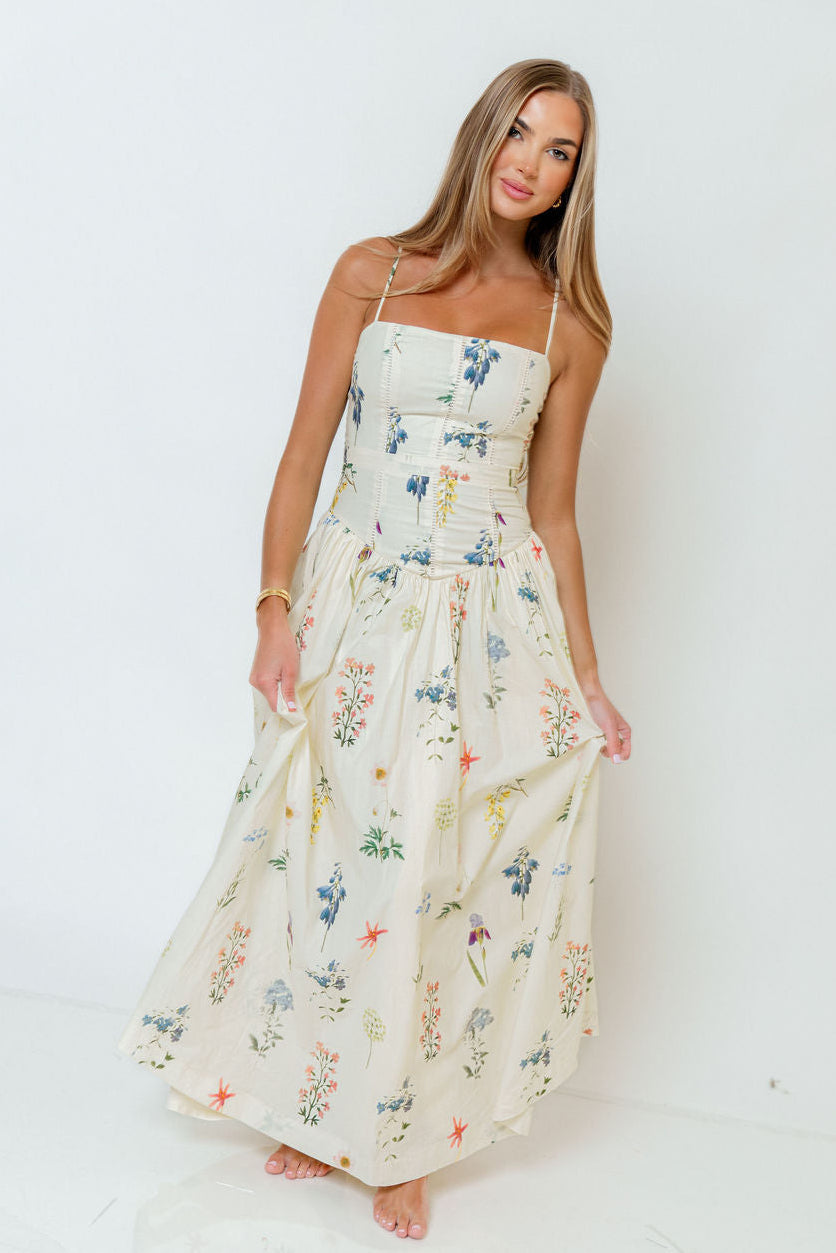Kienna Drop Waist Floral Maxi Dress in Cream