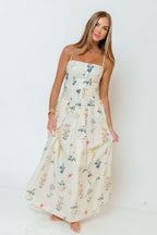 Kienna Drop Waist Floral Maxi Dress in Cream