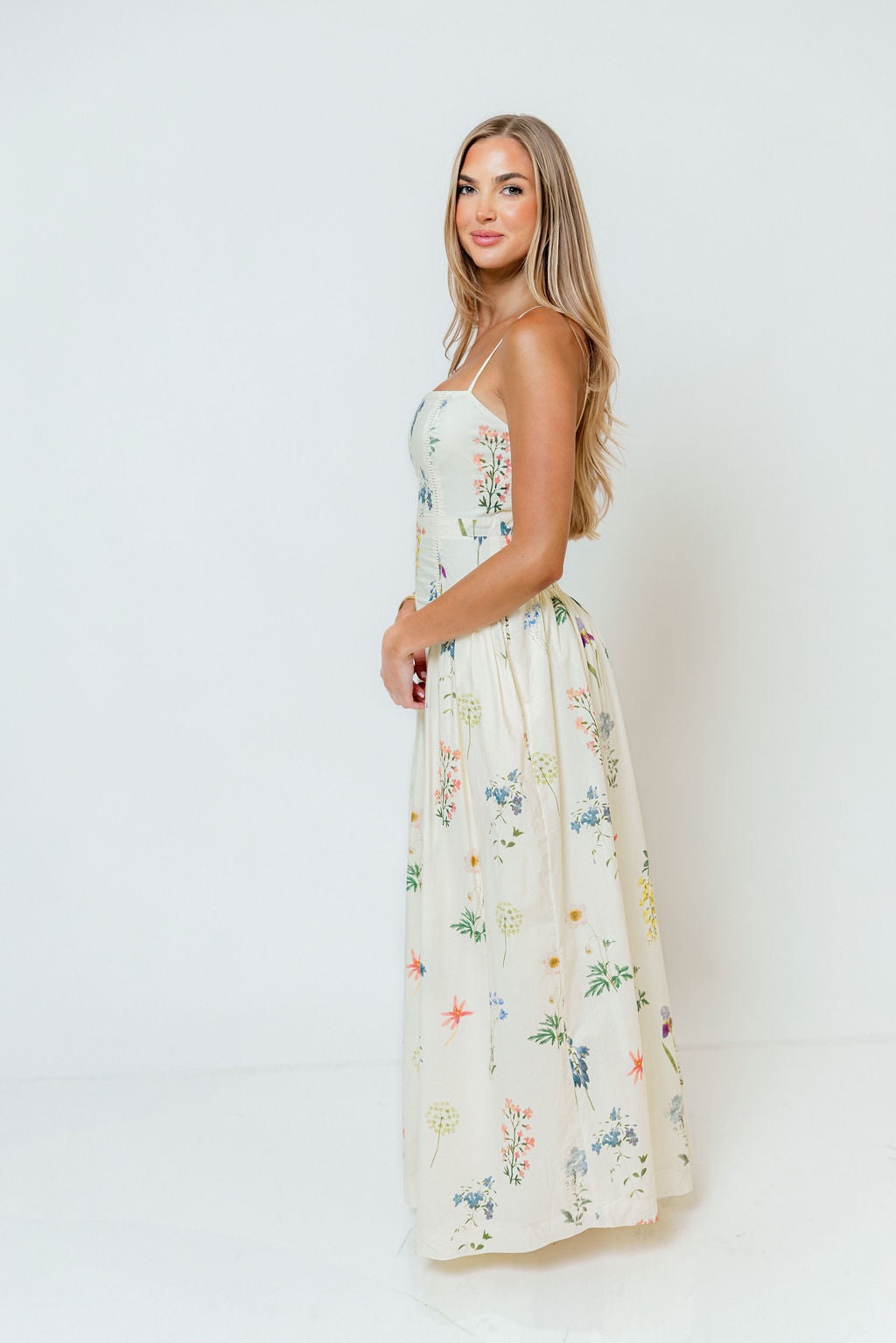 Kienna Drop Waist Floral Maxi Dress in Cream