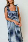 Estelle 100% Linen Midi Dress in Navy/White