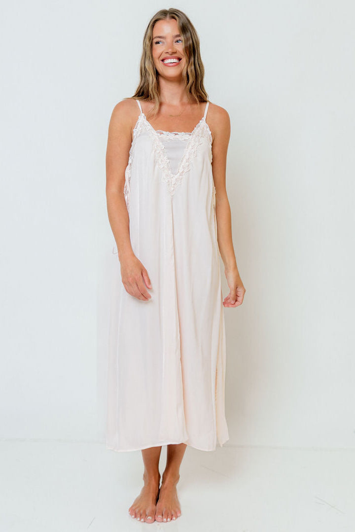 Erica Lace-Trimmed Silky Maxi Dress in Blush